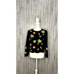 Vintage Emma Tricot‎ Embroidered Beach Themed Cardigan Black Women's Small